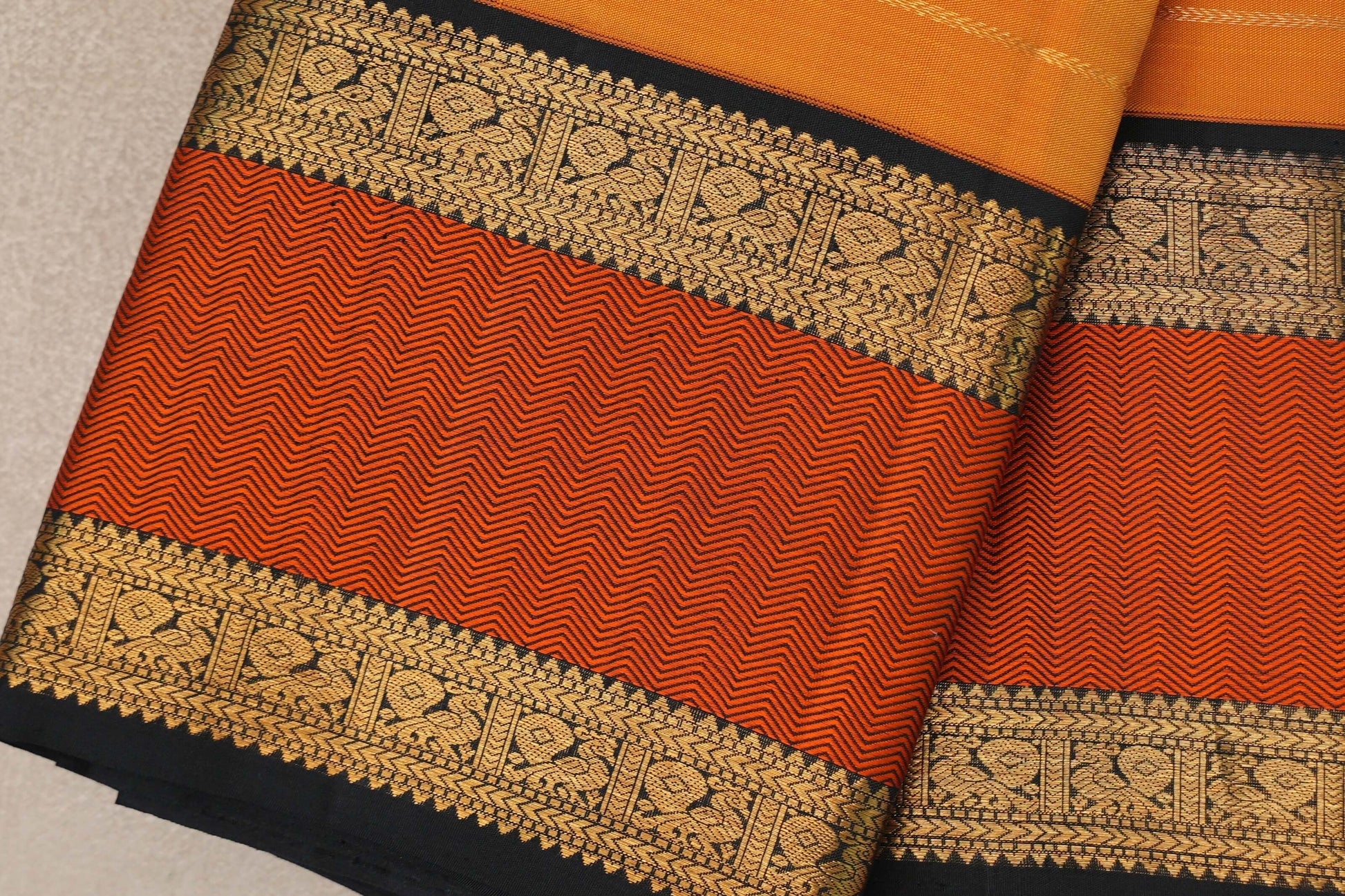 Mango orange with Black borders Vintage Kanjivaram Silk Saree by Shreenivas Silks border