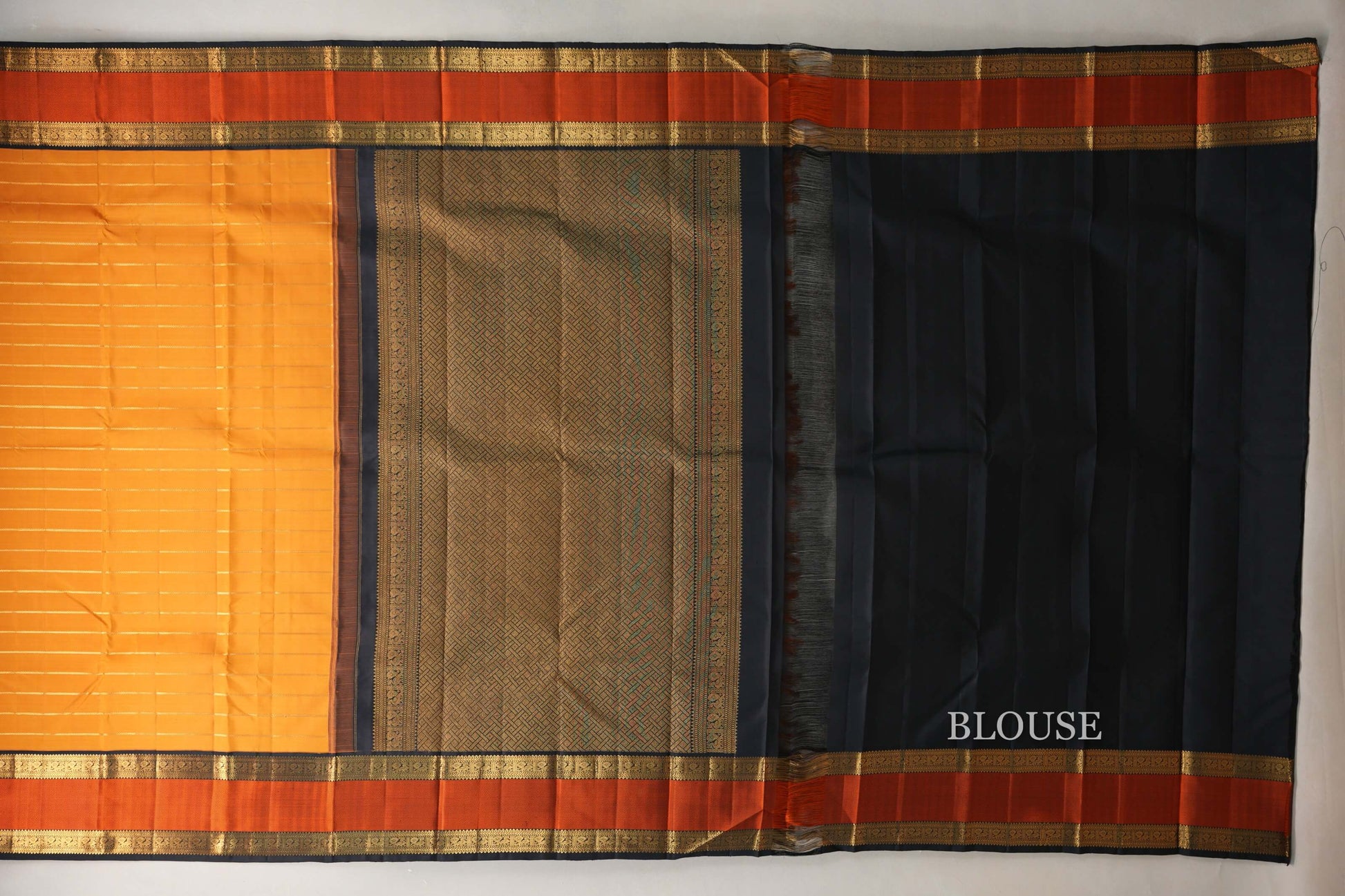 Mango orange with Black borders Vintage Kanjivaram Silk Saree by Shreenivas Silks blouse