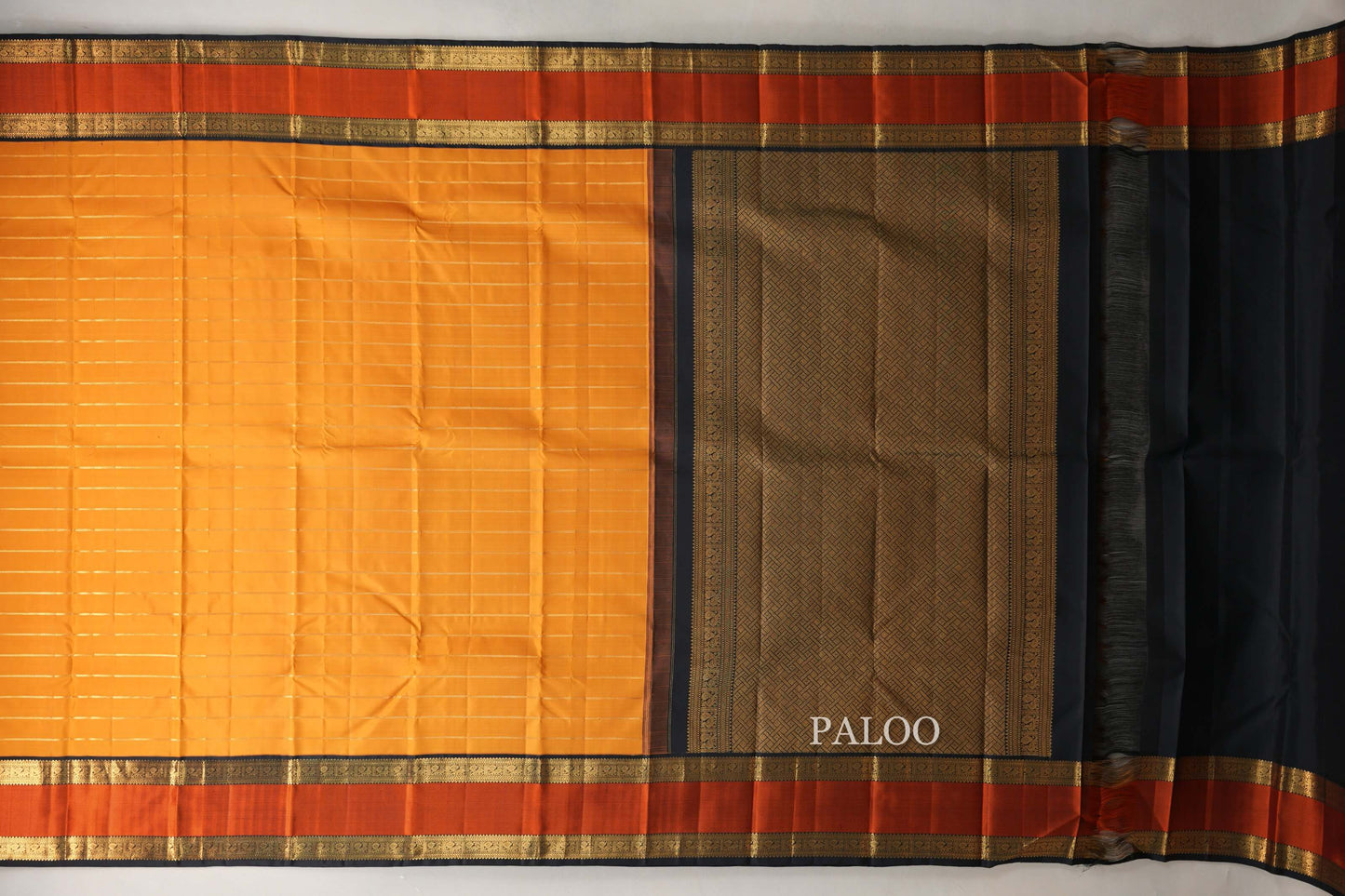 Mango orange with Black borders Vintage Kanjivaram Silk Saree by Shreenivas Silks paloo