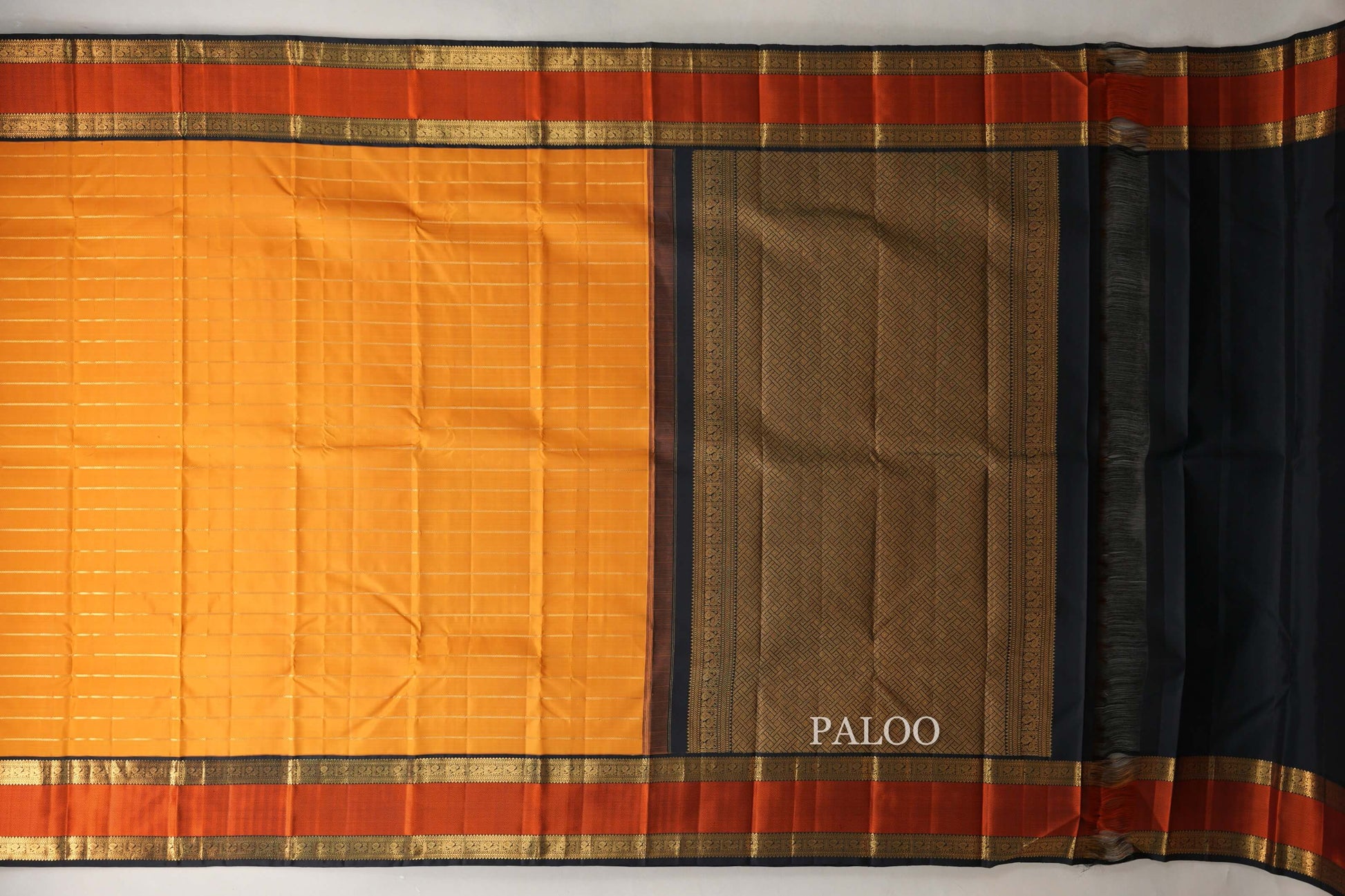 Mango orange with Black borders Vintage Kanjivaram Silk Saree by Shreenivas Silks paloo
