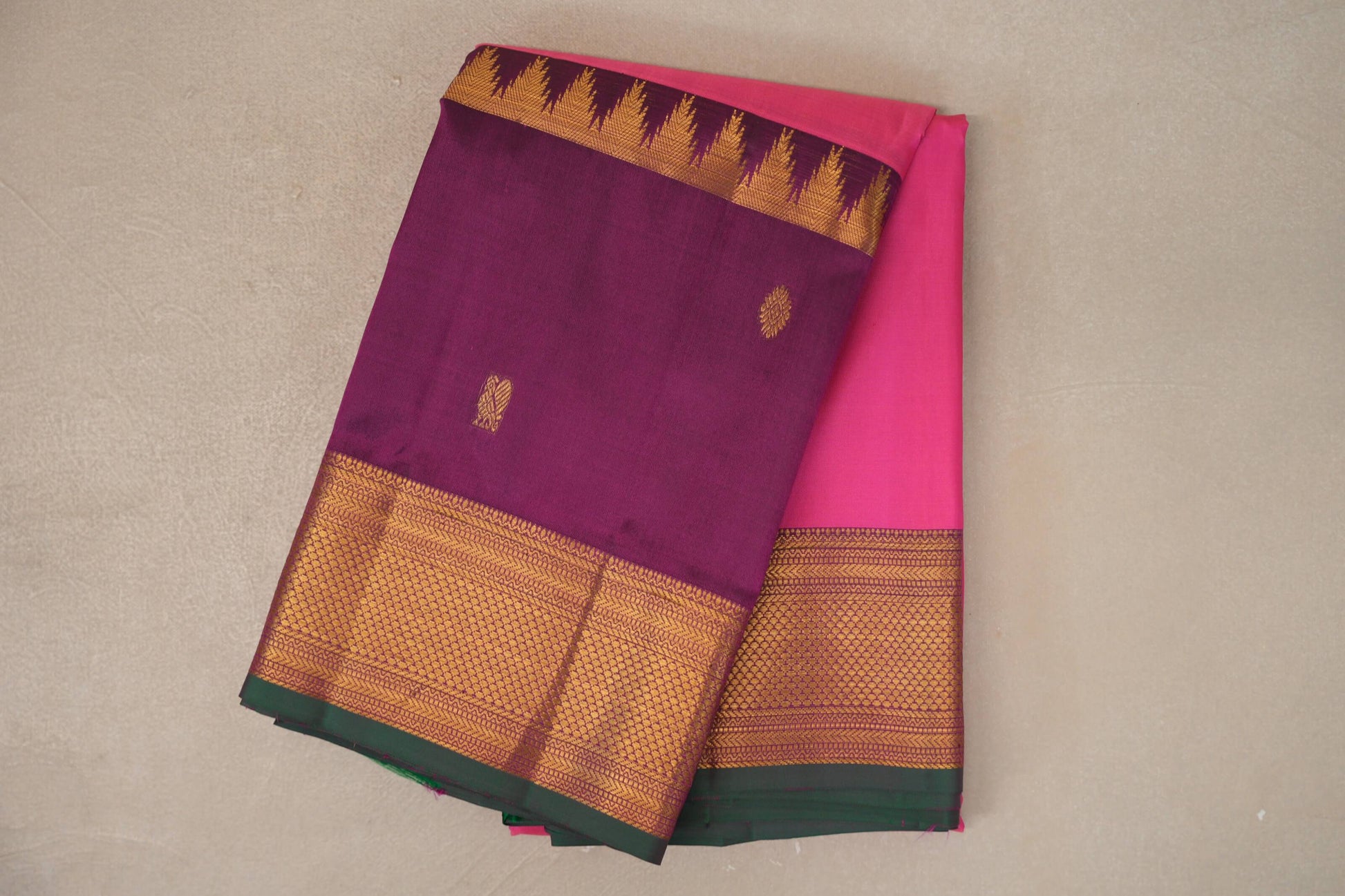 Bright pink with Deep Magenta borders Vintage Kanjivaram Silk Saree by Shreenivas Silks
