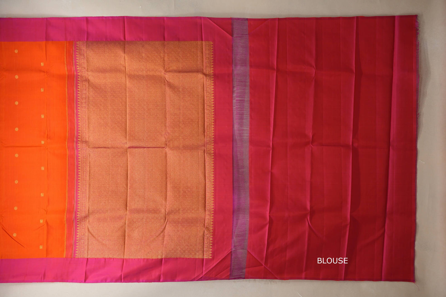 Bright Orange with pink borders Vintage Kanjivaram Silk Saree blouse