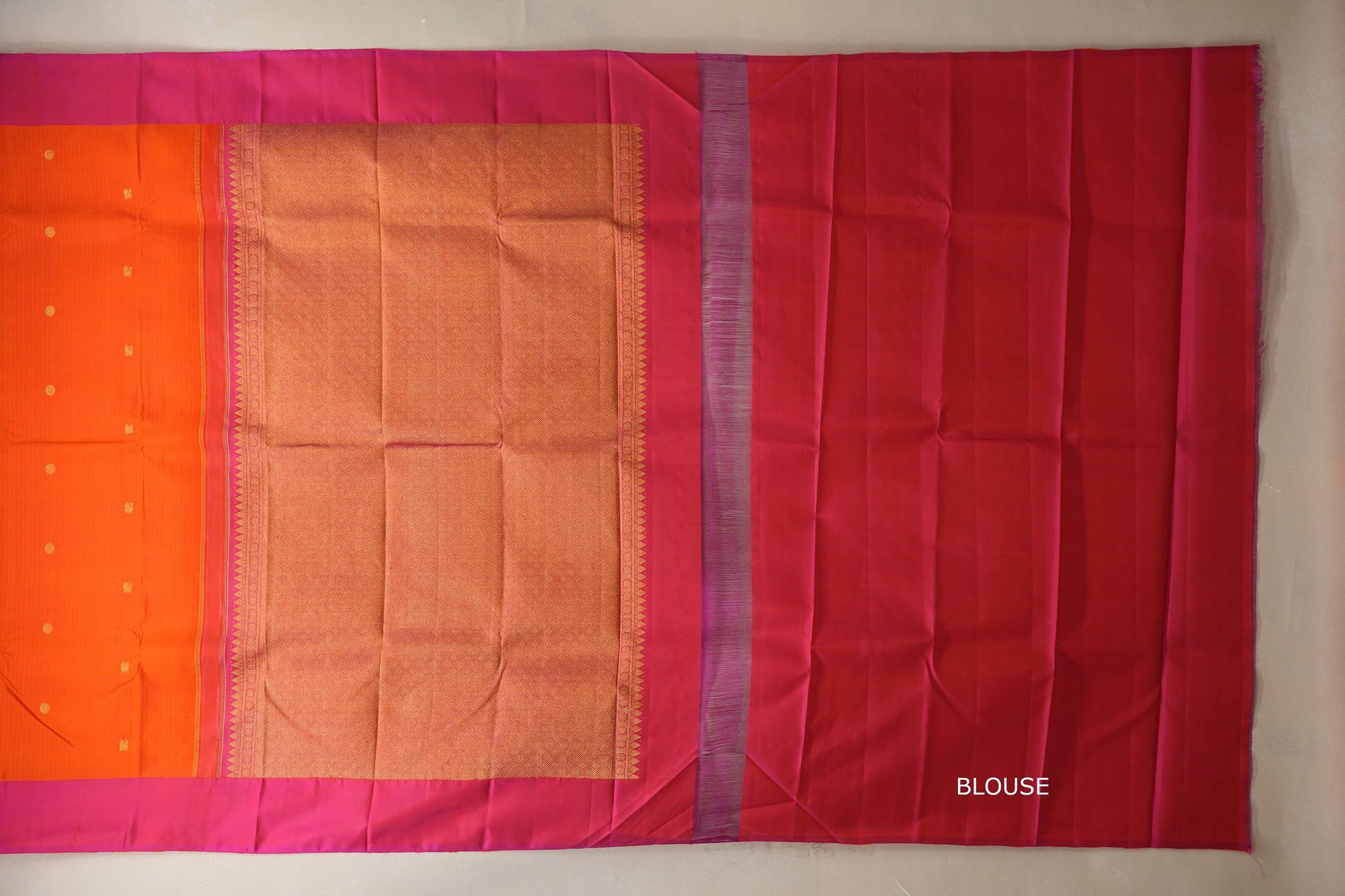 Bright Orange with pink borders Vintage Kanjivaram Silk Saree blouse