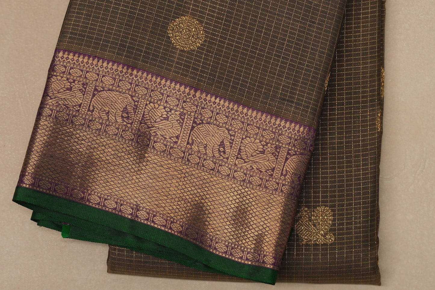 Olive green with Deep magenta Borders Heirloom Kanjivaram Silk Saree border