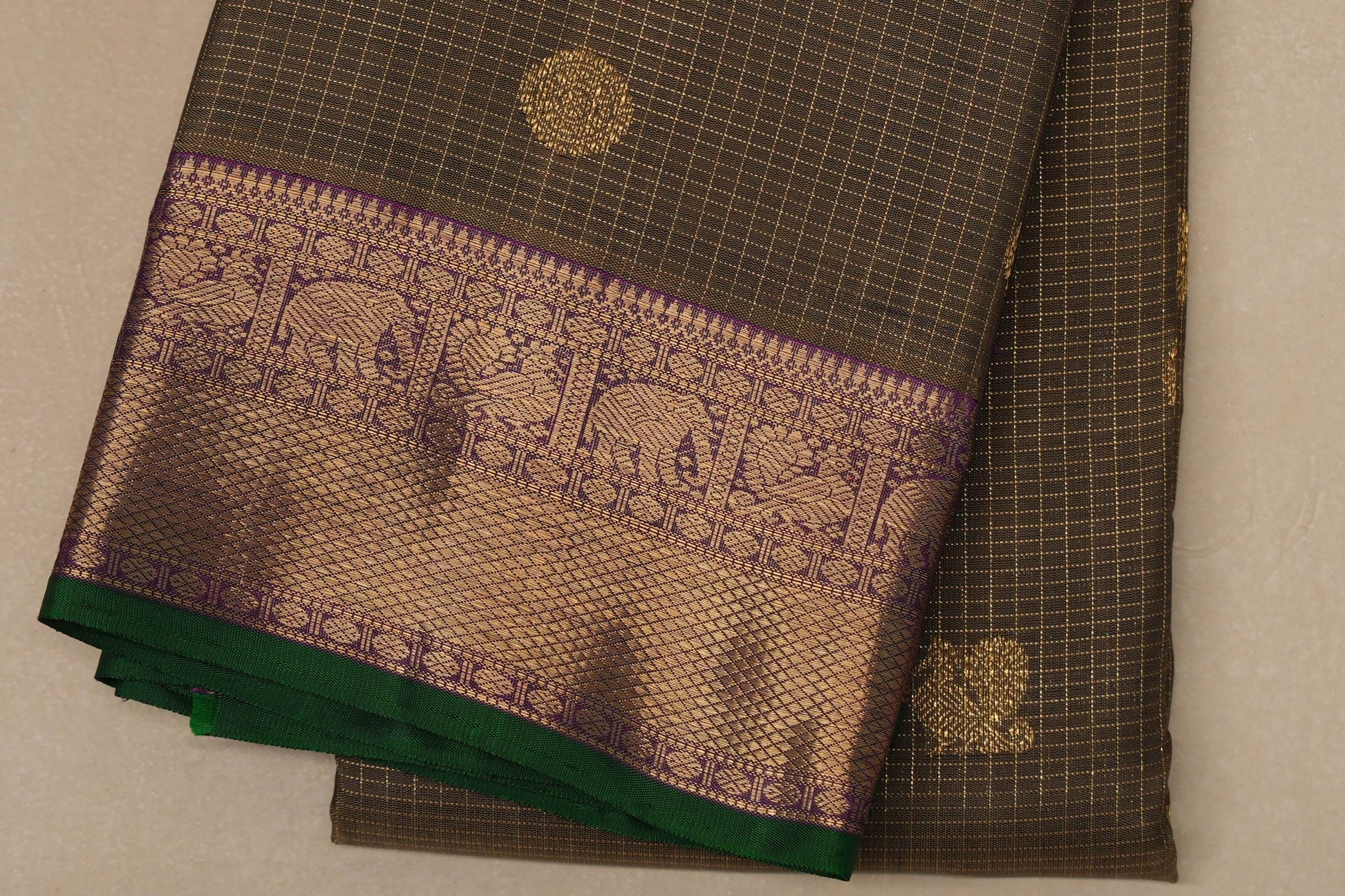 Olive green with Deep magenta Borders Heirloom Kanjivaram Silk Saree border