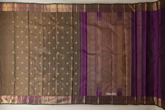 Olive green with Deep magenta Borders Heirloom Kanjivaram Silk Saree paloo