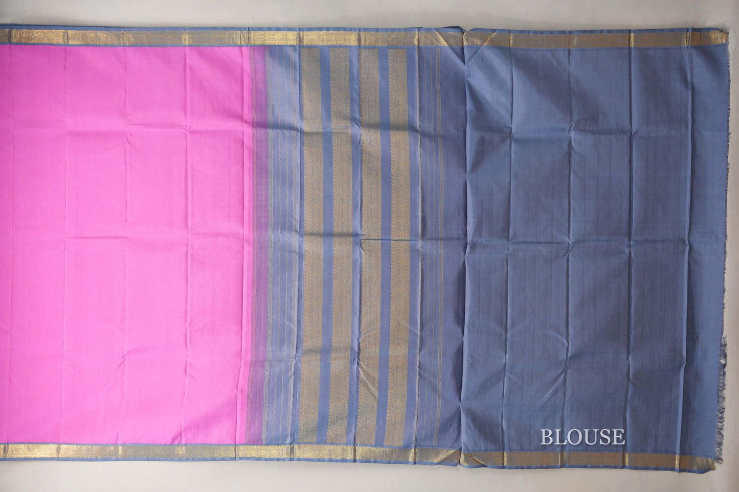 Rose pink with Grey Blue borders Vintage Kanjivaram Silk Saree by Shreenivas Silks  blouse