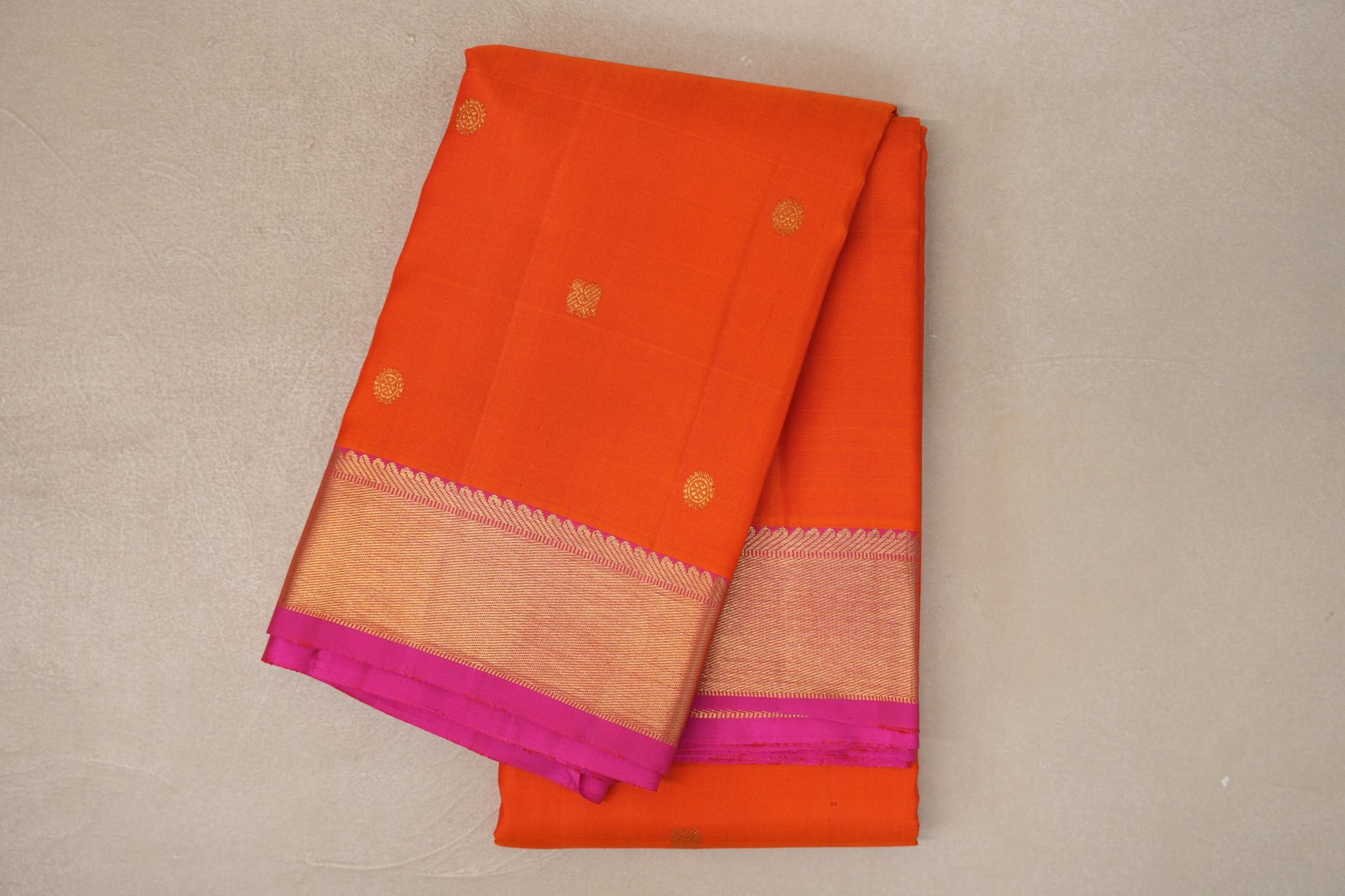 Bright orange with Bright Pink borders Vintage Kanjivaram Silk Saree 