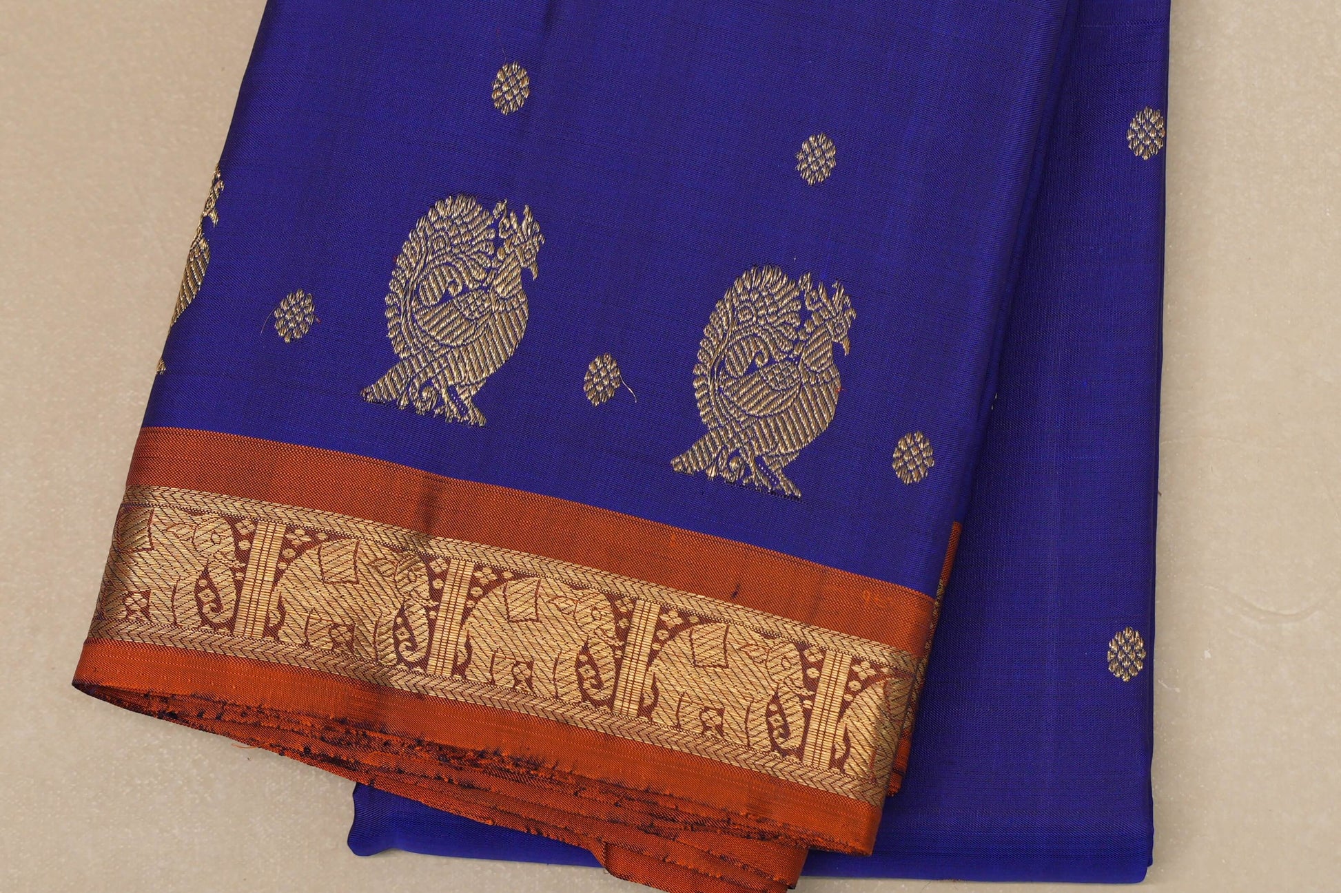 Deep blue with Copper Orange border Heirloom Kanjivaram Silk Saree border