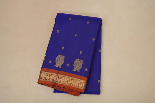 Deep blue with Copper Orange border Heirloom Kanjivaram Silk Saree