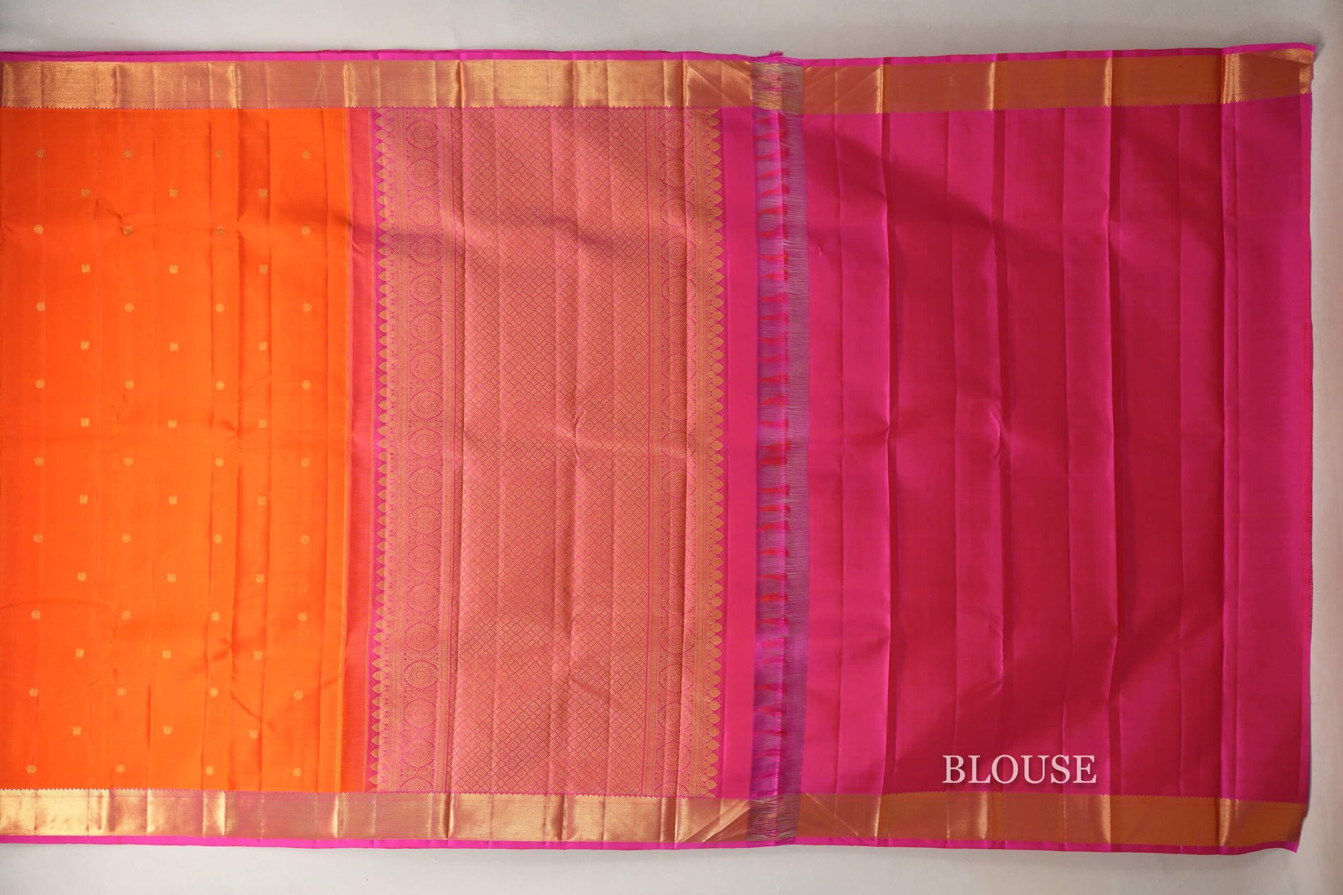 Bright orange with Bright Pink borders Vintage Kanjivaram Silk Saree  blouse