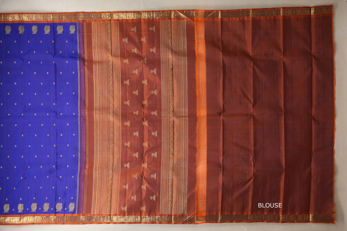 Deep blue with Copper Orange border Heirloom Kanjivaram Silk Saree blouse
