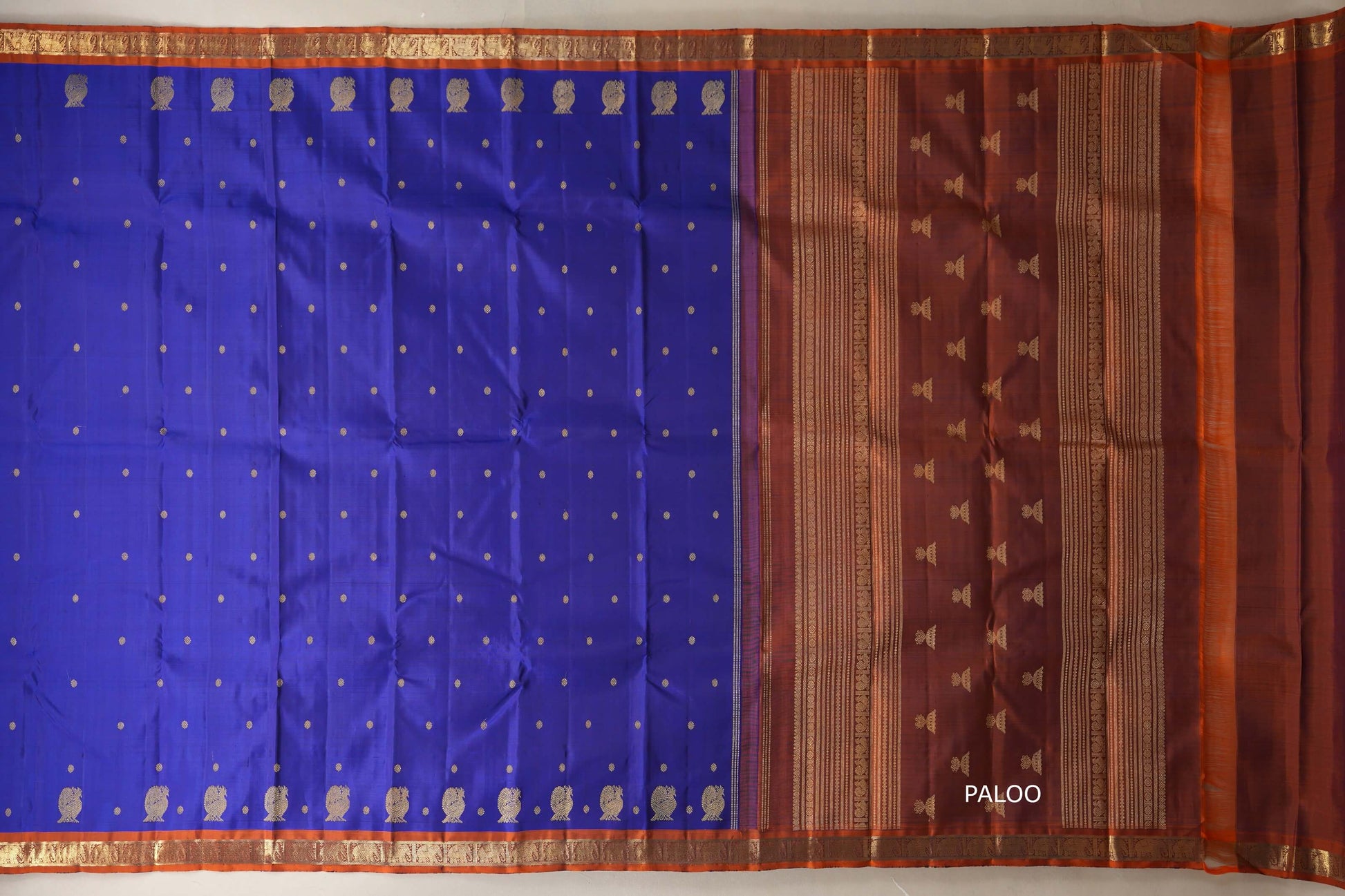 Deep blue with Copper Orange border Heirloom Kanjivaram Silk Saree paloo