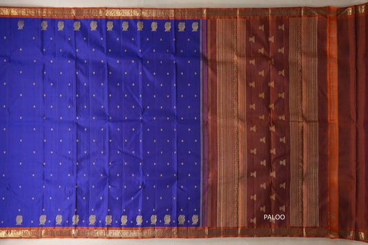 Deep blue with Copper Orange border Heirloom Kanjivaram Silk Saree paloo