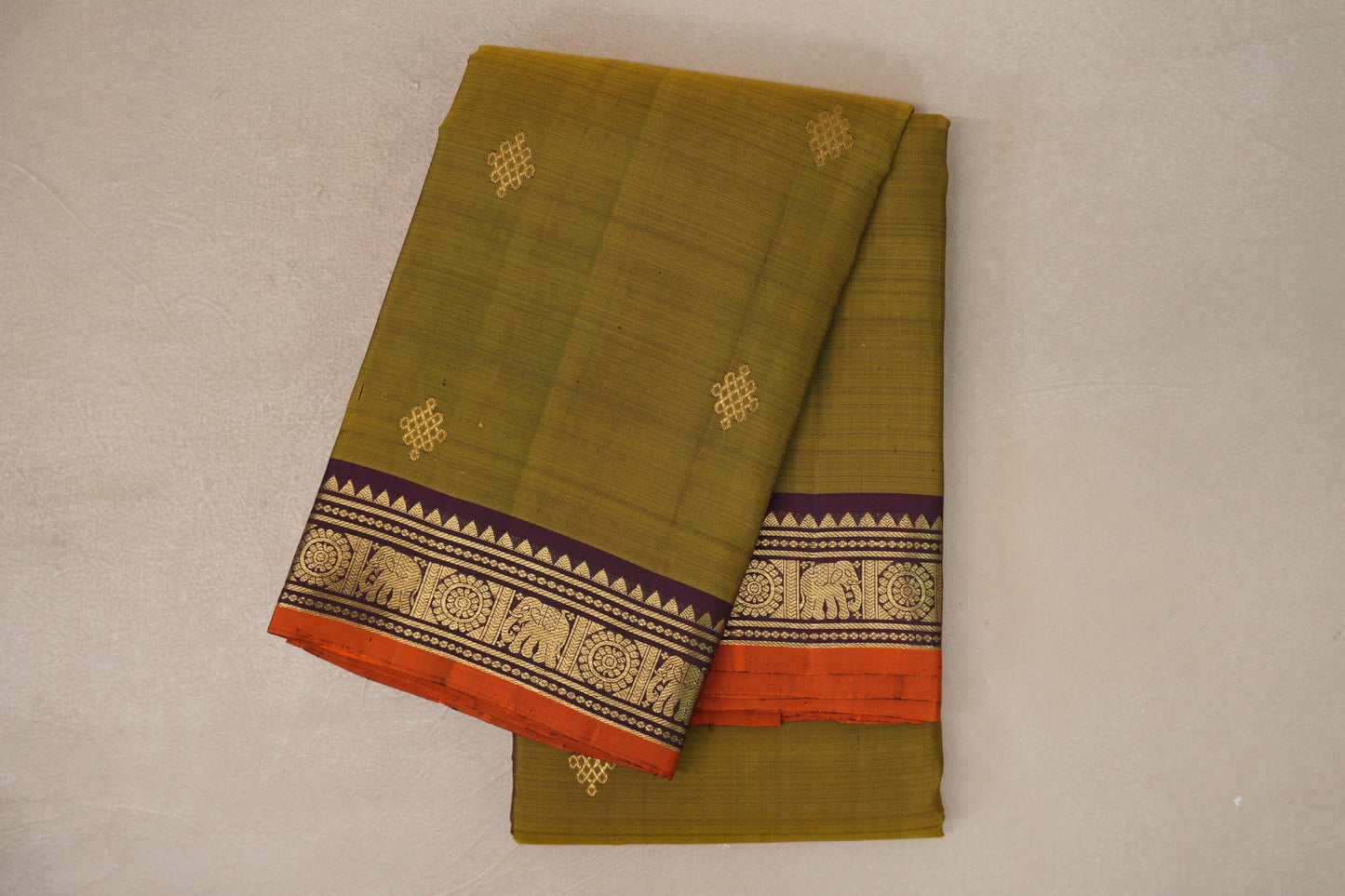 Mehendi green with Deep Plum borders Vintage Kanjivaram Silk Saree by Shreenivas Silks 