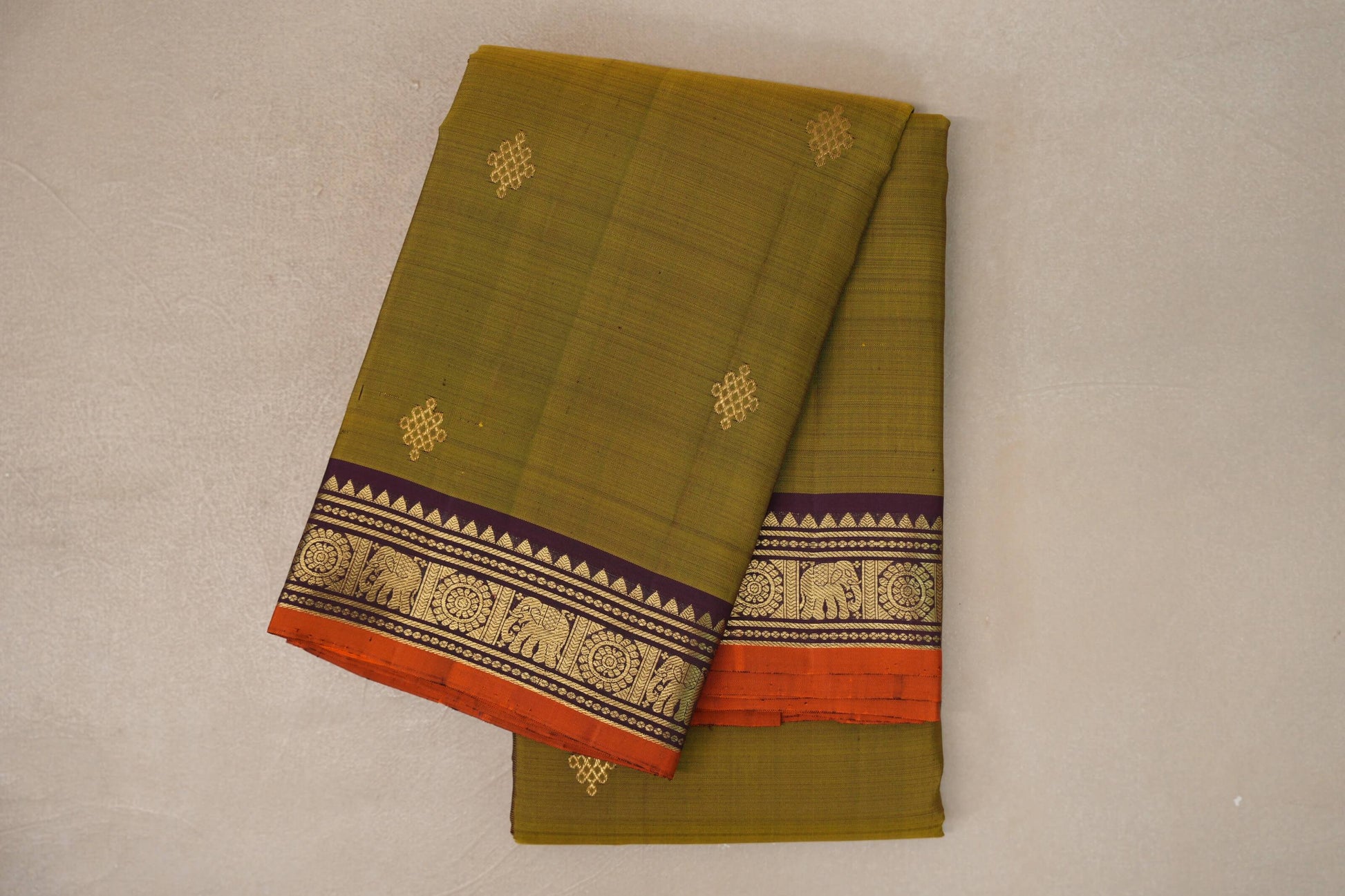 Mehendi green with Deep Plum borders Vintage Kanjivaram Silk Saree by Shreenivas Silks 
