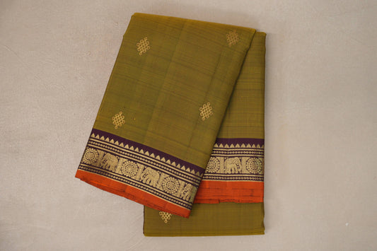 Mehendi green with Deep Plum borders Vintage Kanjivaram Silk Saree by Shreenivas Silks 