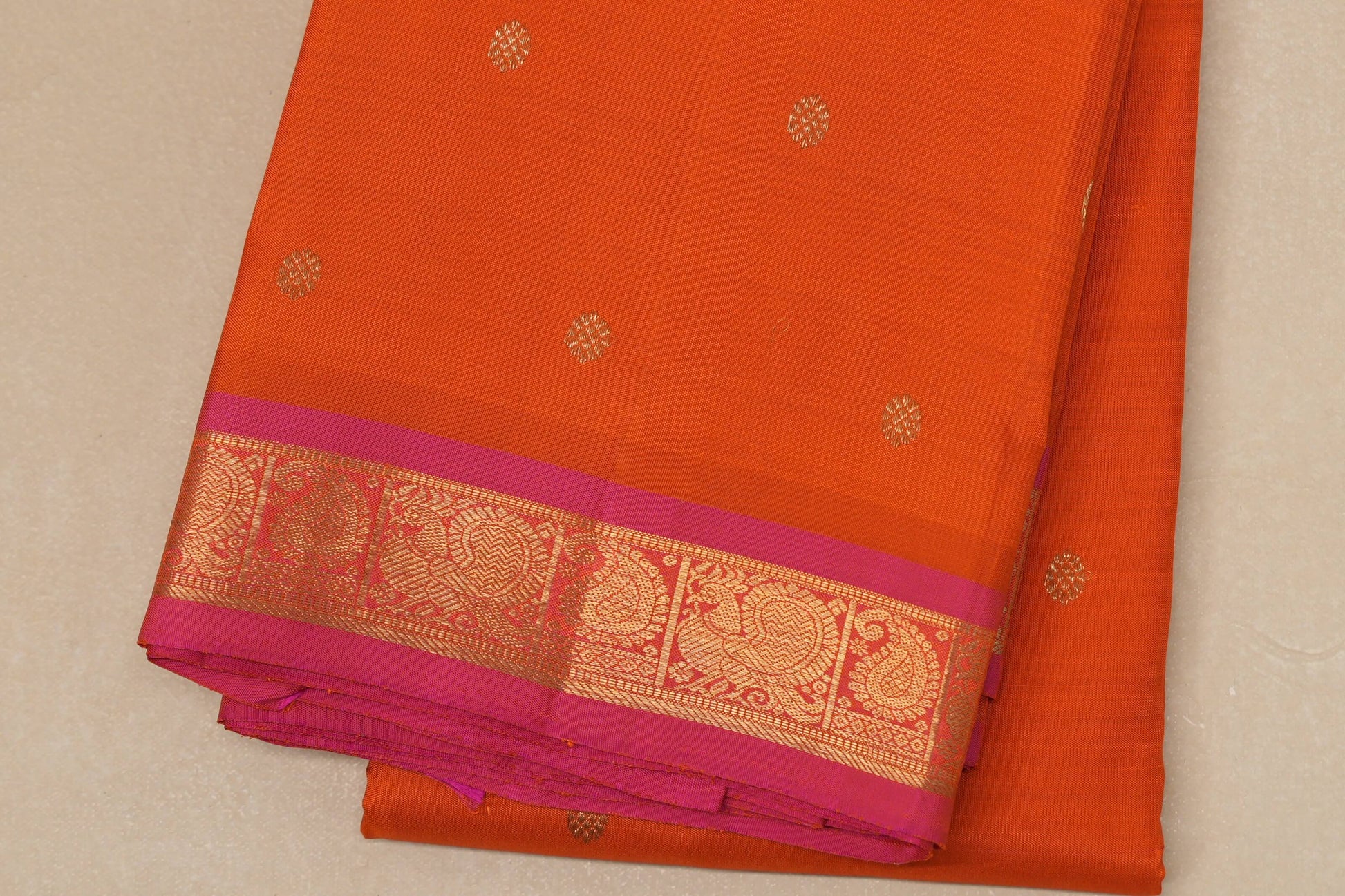 Orange with pink border Heirloom Kanjivaram Silk Saree border