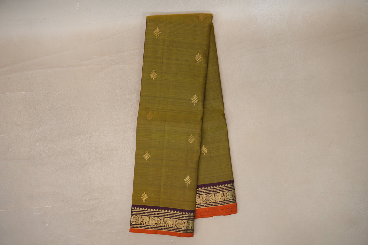 Mehendi green with Deep Plum borders Vintage Kanjivaram Silk Saree by Shreenivas Silks 