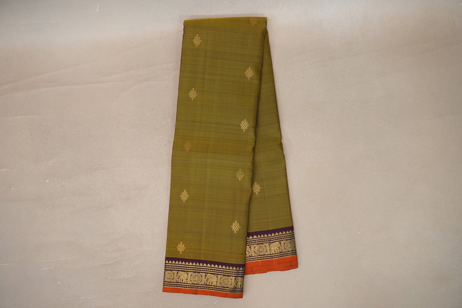 Mehendi green with Deep Plum borders Vintage Kanjivaram Silk Saree by Shreenivas Silks 