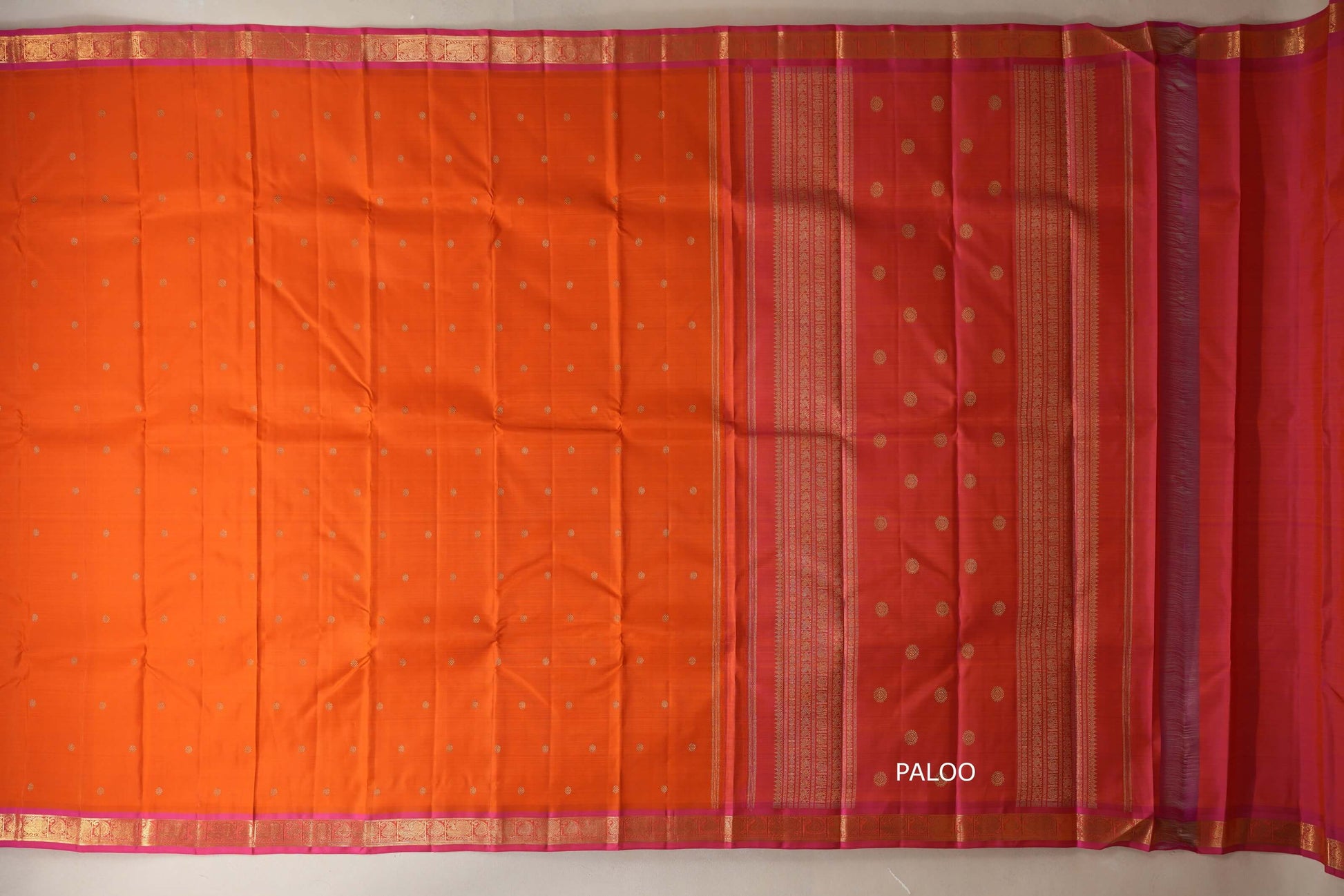 Orange with pink border Heirloom Kanjivaram Silk Saree paloo
