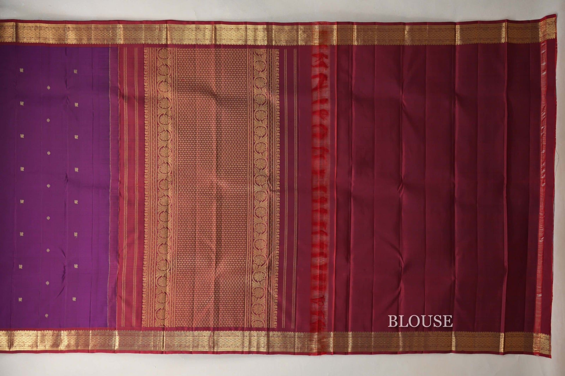 Deep purple with Reddish Maroon borders Vintage Kanjivaram Silk Saree by Shreenivas Silks blouse