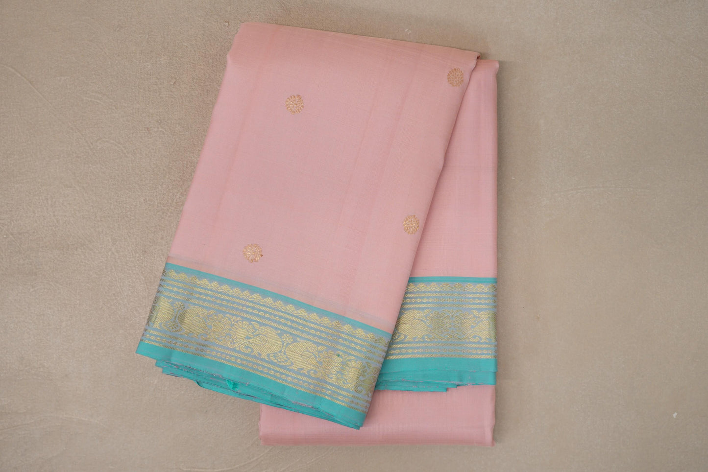Baby pink with Light Sky Blue borders Vintage Kanjivaram Silk Saree by Shreenivas Silks