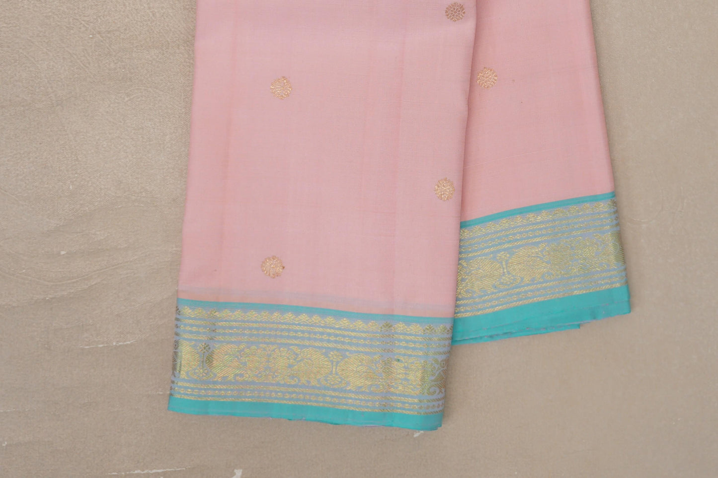Baby pink with Light Sky Blue borders Vintage Kanjivaram Silk Saree by Shreenivas Silks border