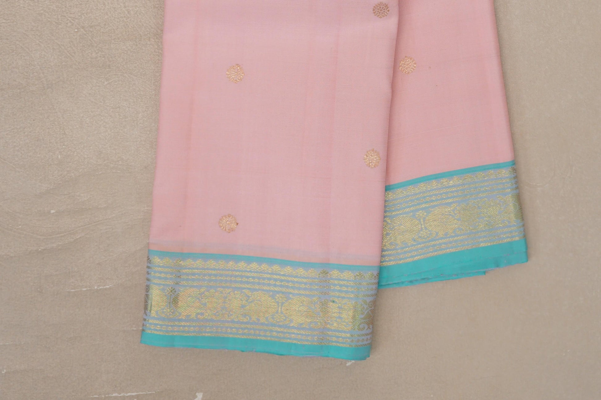 Baby pink with Light Sky Blue borders Vintage Kanjivaram Silk Saree by Shreenivas Silks border