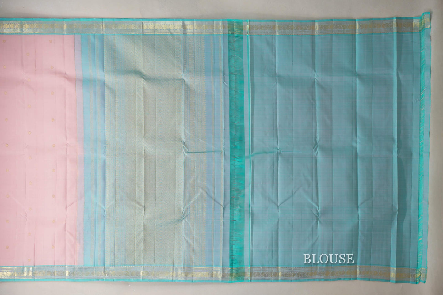 Baby pink with Light Sky Blue borders Vintage Kanjivaram Silk Saree by Shreenivas Silks blouse