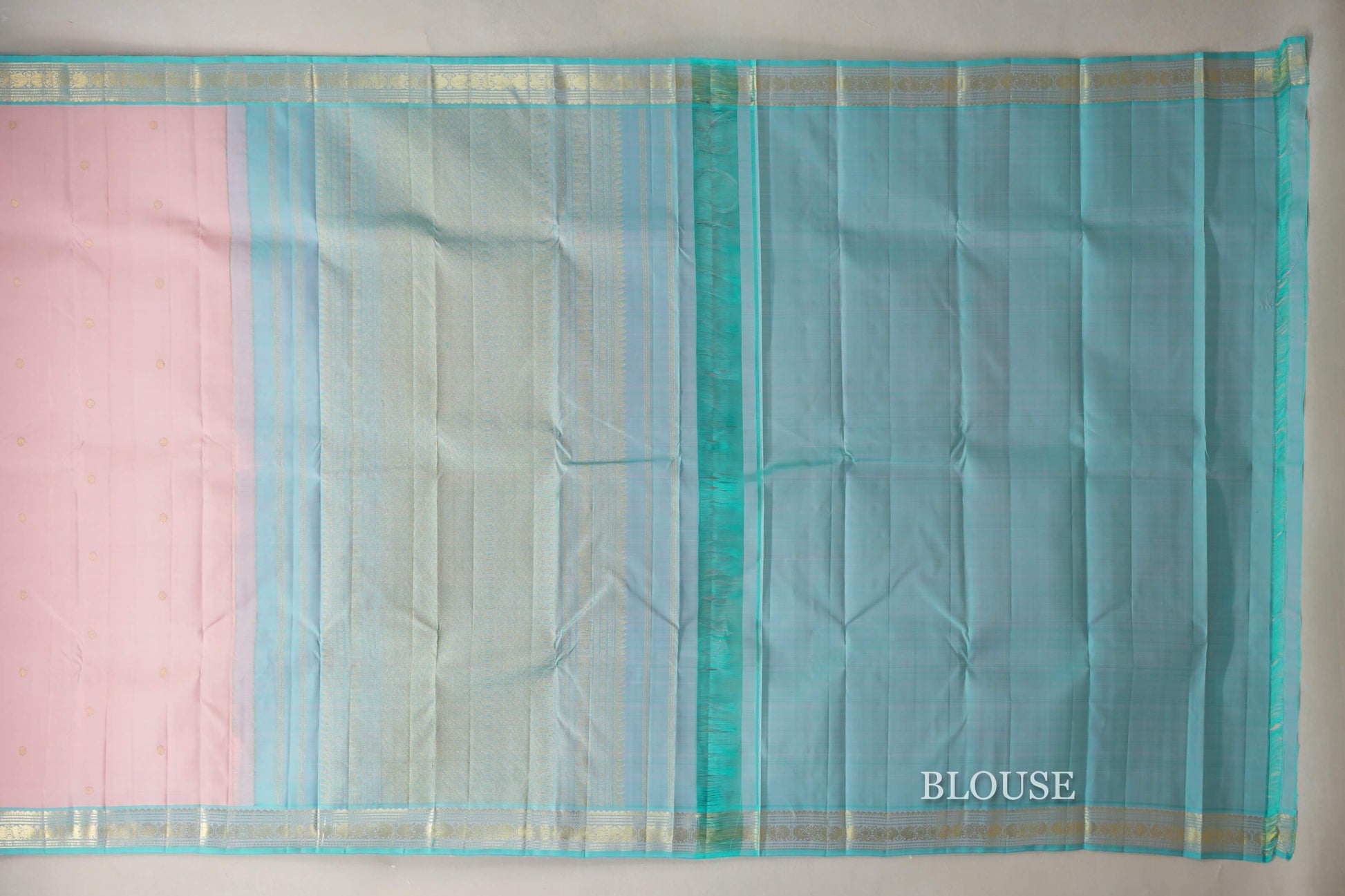 Baby pink with Light Sky Blue borders Vintage Kanjivaram Silk Saree by Shreenivas Silks blouse