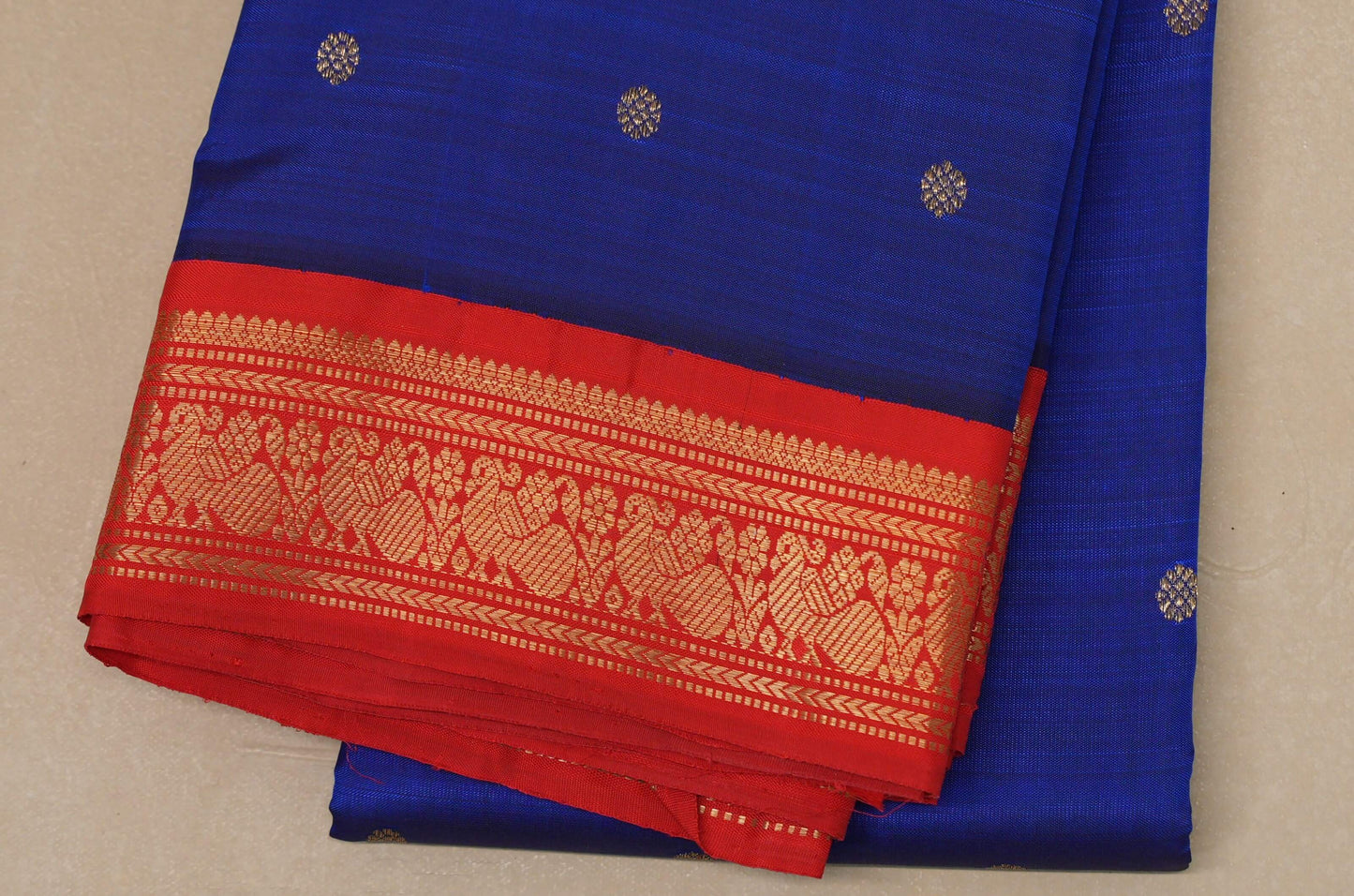Royal blue with Tomato Red border Heirloom Kanjivaram Silk Saree by Shreenivas Silks border
