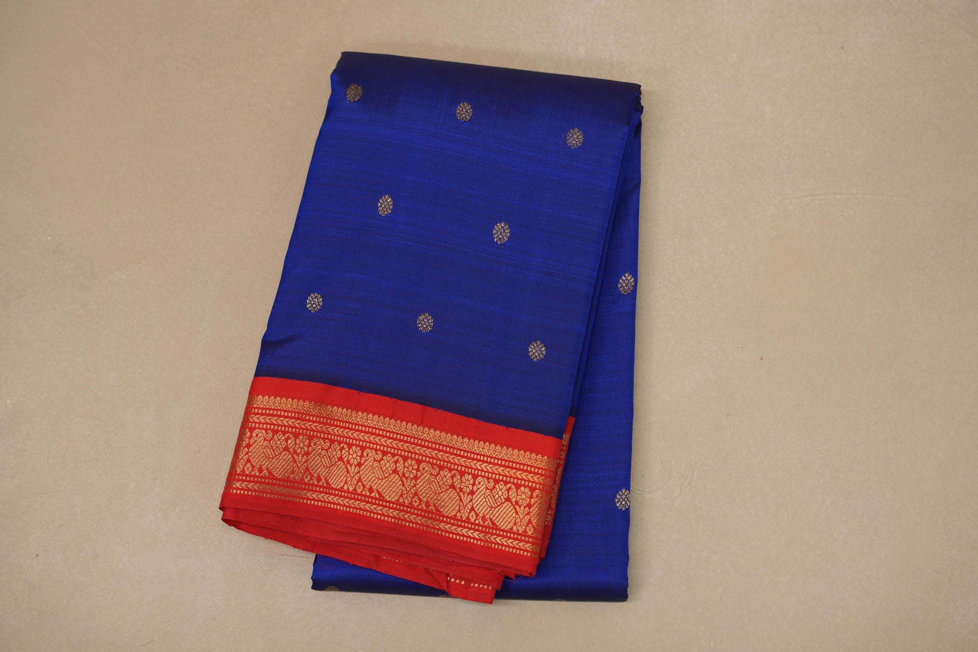 Royal blue with Tomato Red border Heirloom Kanjivaram Silk Saree by Shreenivas Silks