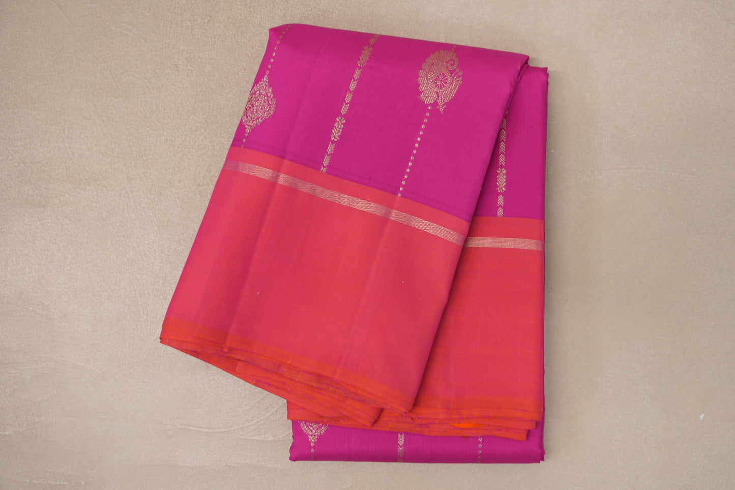 Bright Magenta with Pinkish orange borders Vintage Kanjivaram Silk Saree by Shreenivas Silks PSSR019940