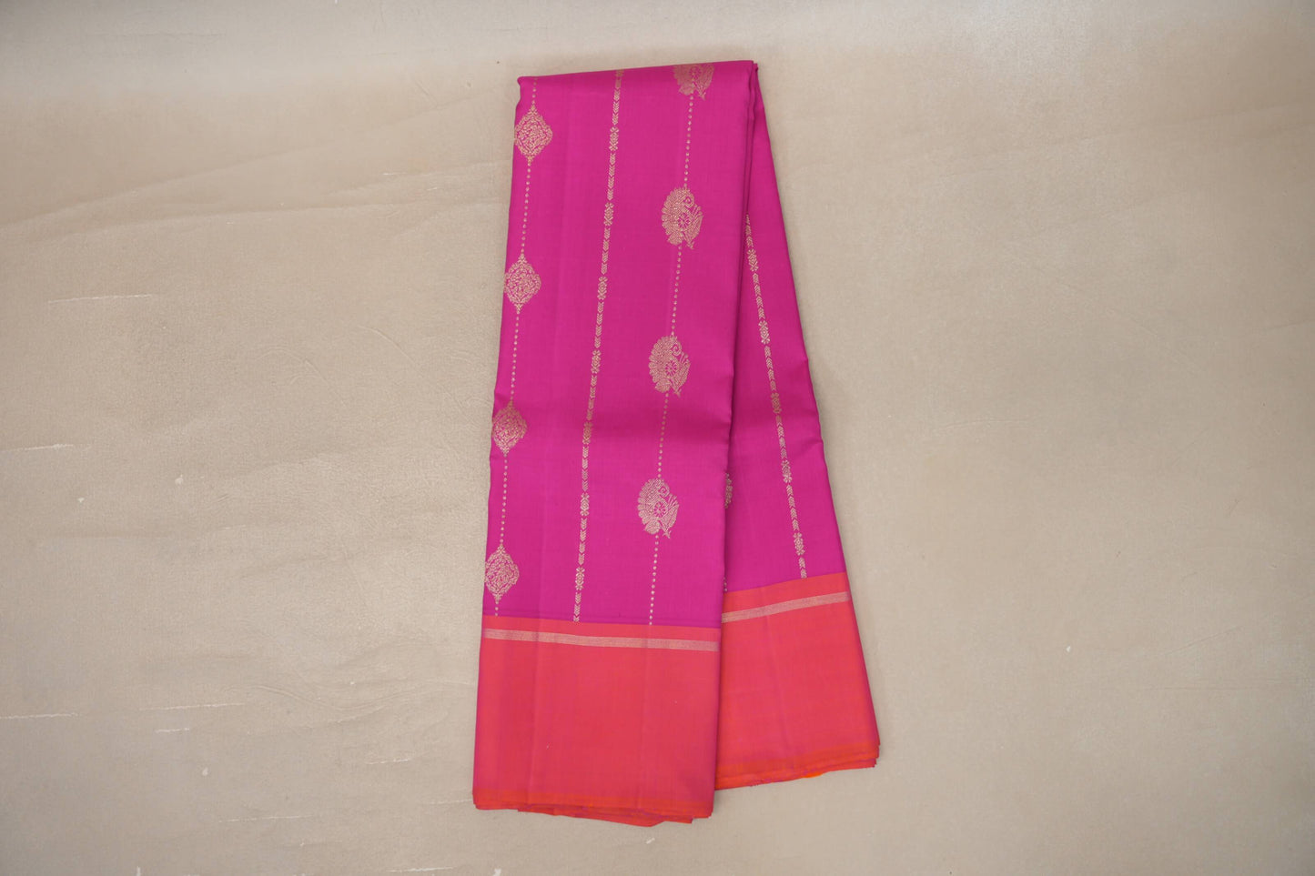Bright Magenta with Pinkish orange borders Vintage Kanjivaram Silk Saree by Shreenivas Silks 