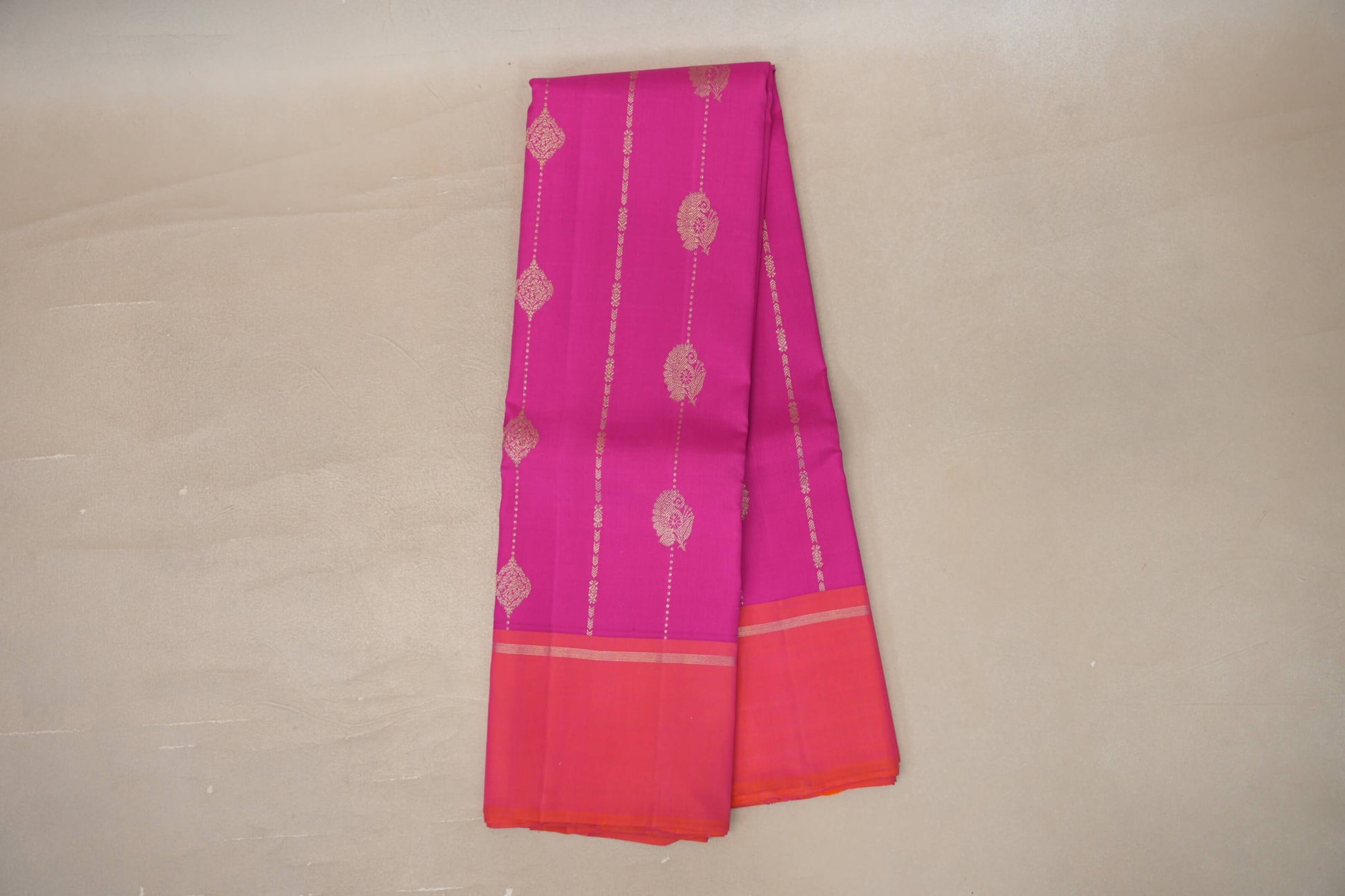 Bright Magenta with Pinkish orange borders Vintage Kanjivaram Silk Saree by Shreenivas Silks 