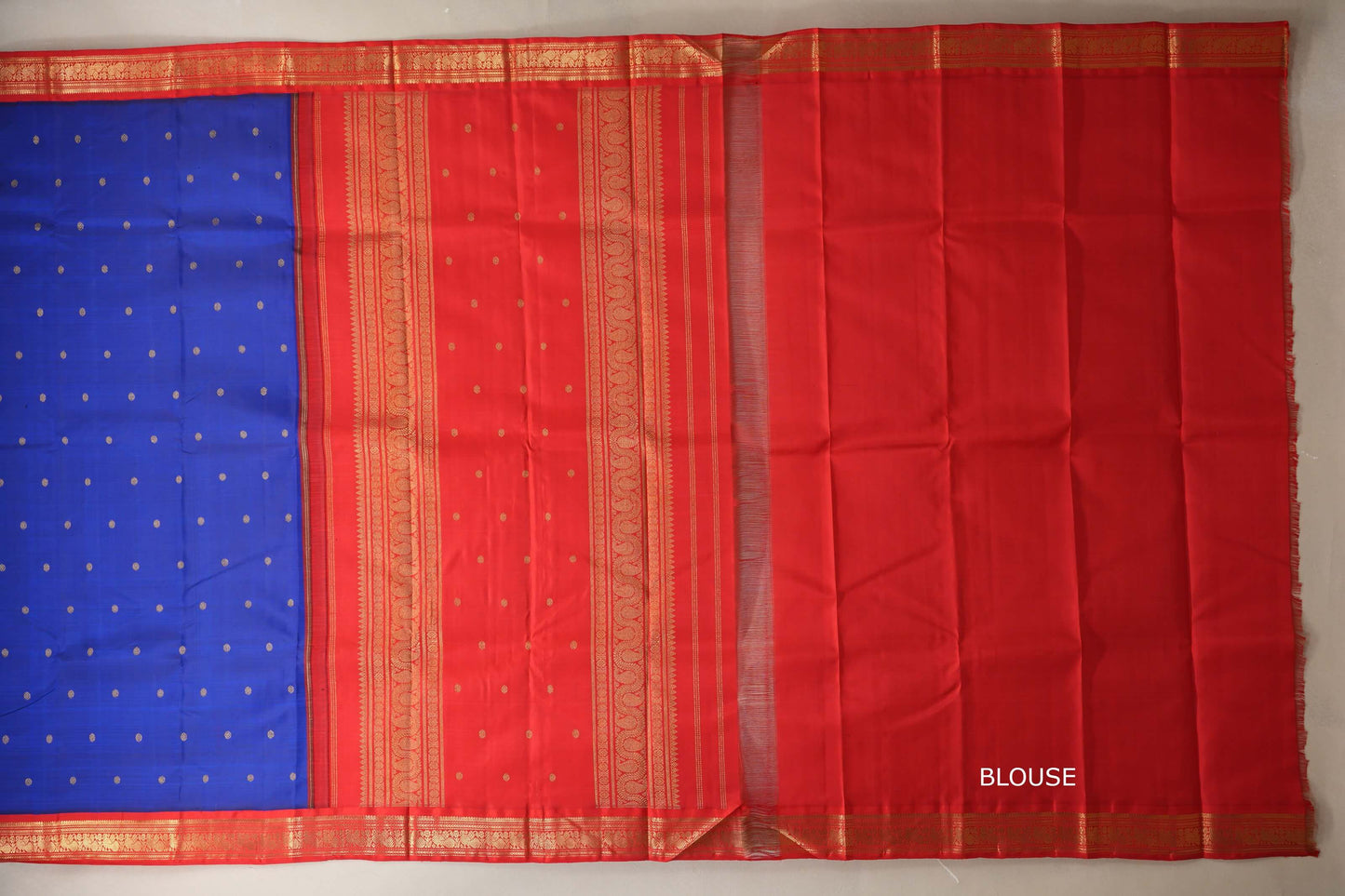 Royal blue with Tomato Red border Heirloom Kanjivaram Silk Saree by Shreenivas Silks blouse