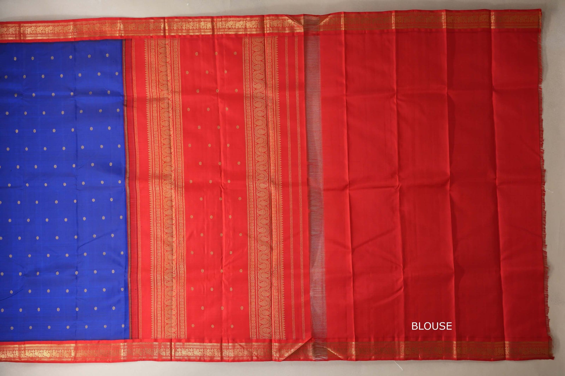 Royal blue with Tomato Red border Heirloom Kanjivaram Silk Saree by Shreenivas Silks blouse