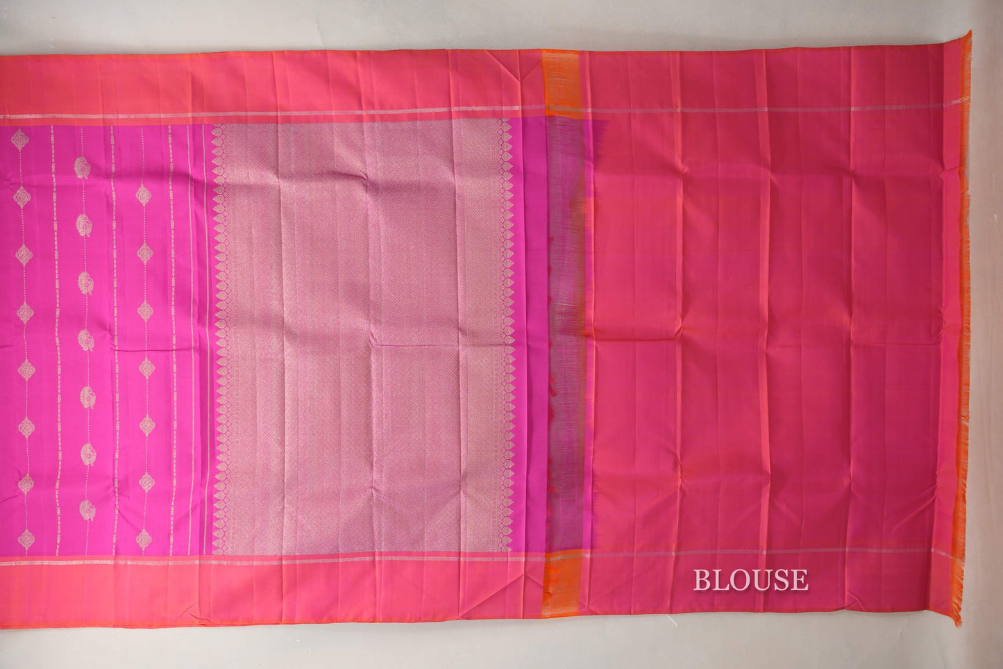 Bright Magenta with Pinkish orange borders Vintage Kanjivaram Silk Saree by Shreenivas Silks blouse