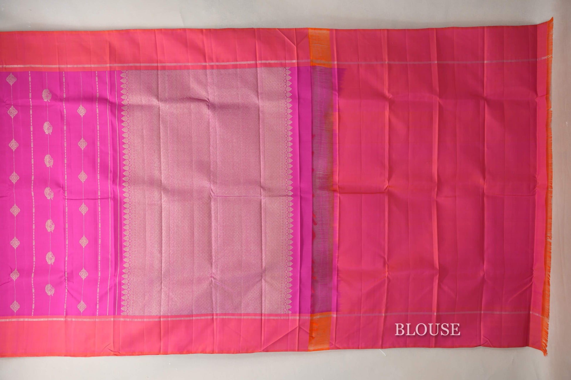 Bright Magenta with Pinkish orange borders Vintage Kanjivaram Silk Saree by Shreenivas Silks blouse