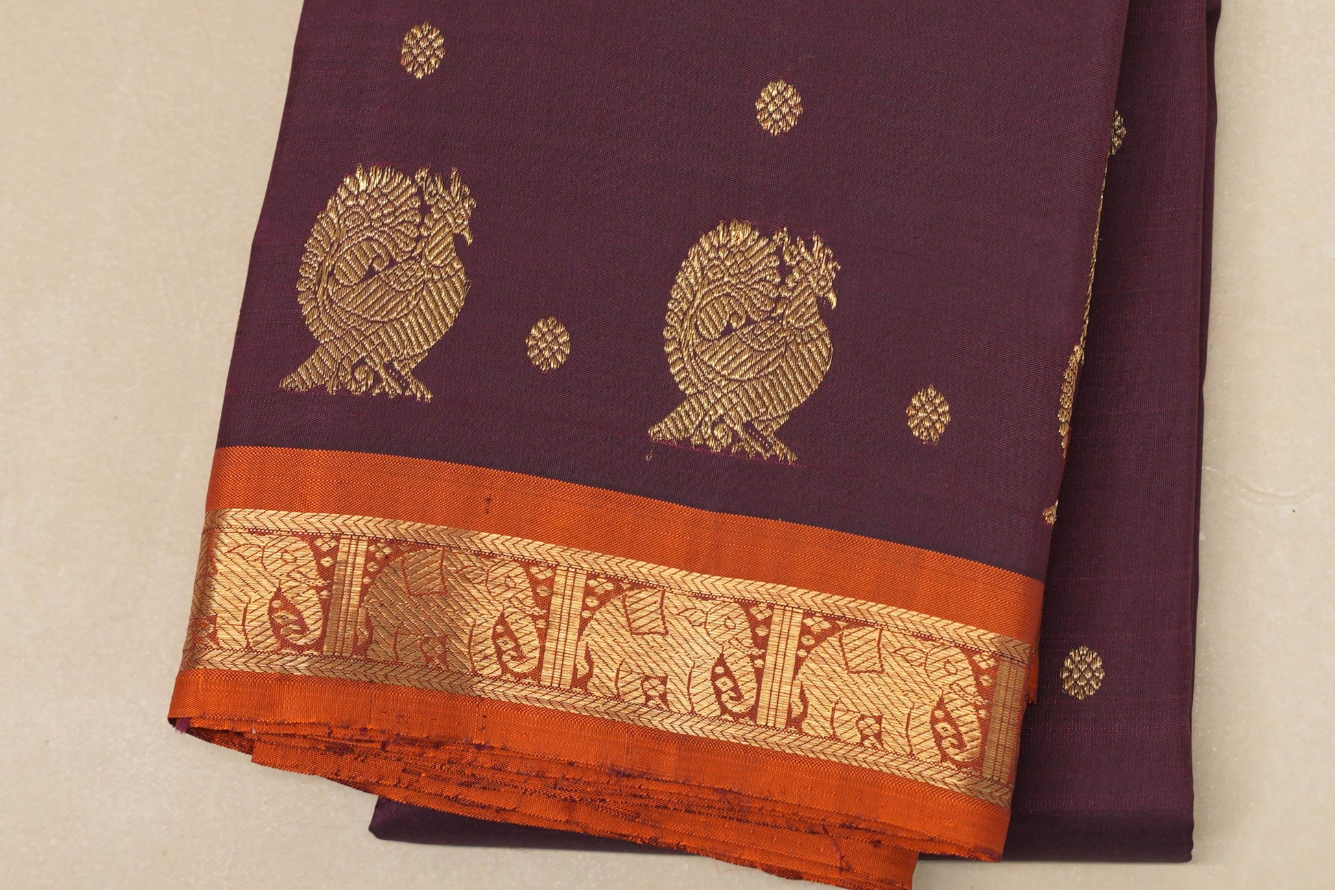 Deep wine with Copper Orange border Heirloom Kanjivaram Silk Saree by Shreenivas Silks PSSR018761 - Parisera