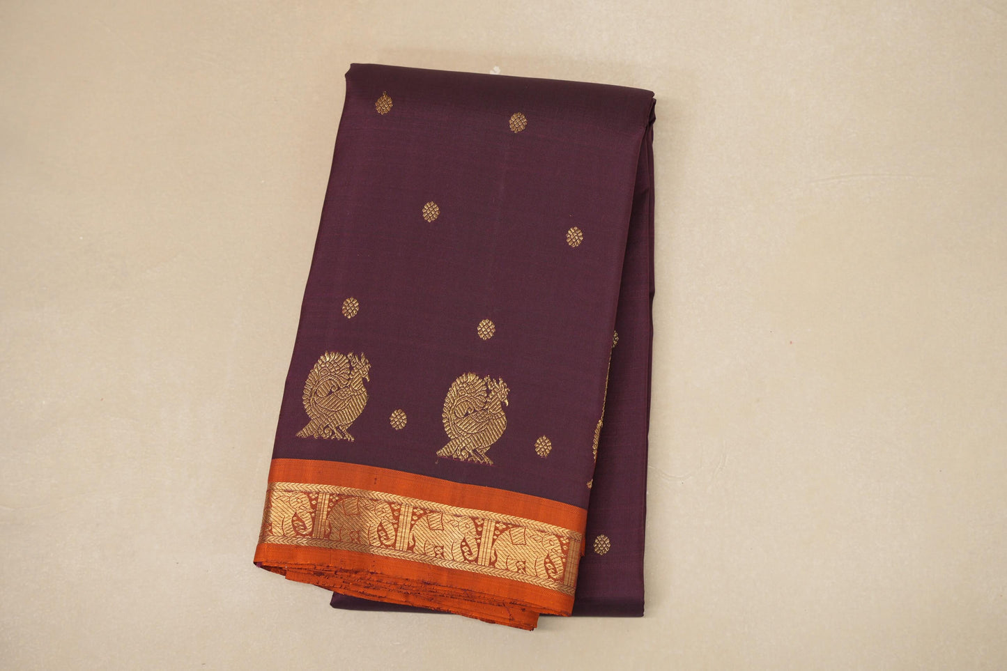 Deep wine with Copper Orange border Heirloom Kanjivaram Silk Saree by Shreenivas Silks PSSR018761 - Parisera