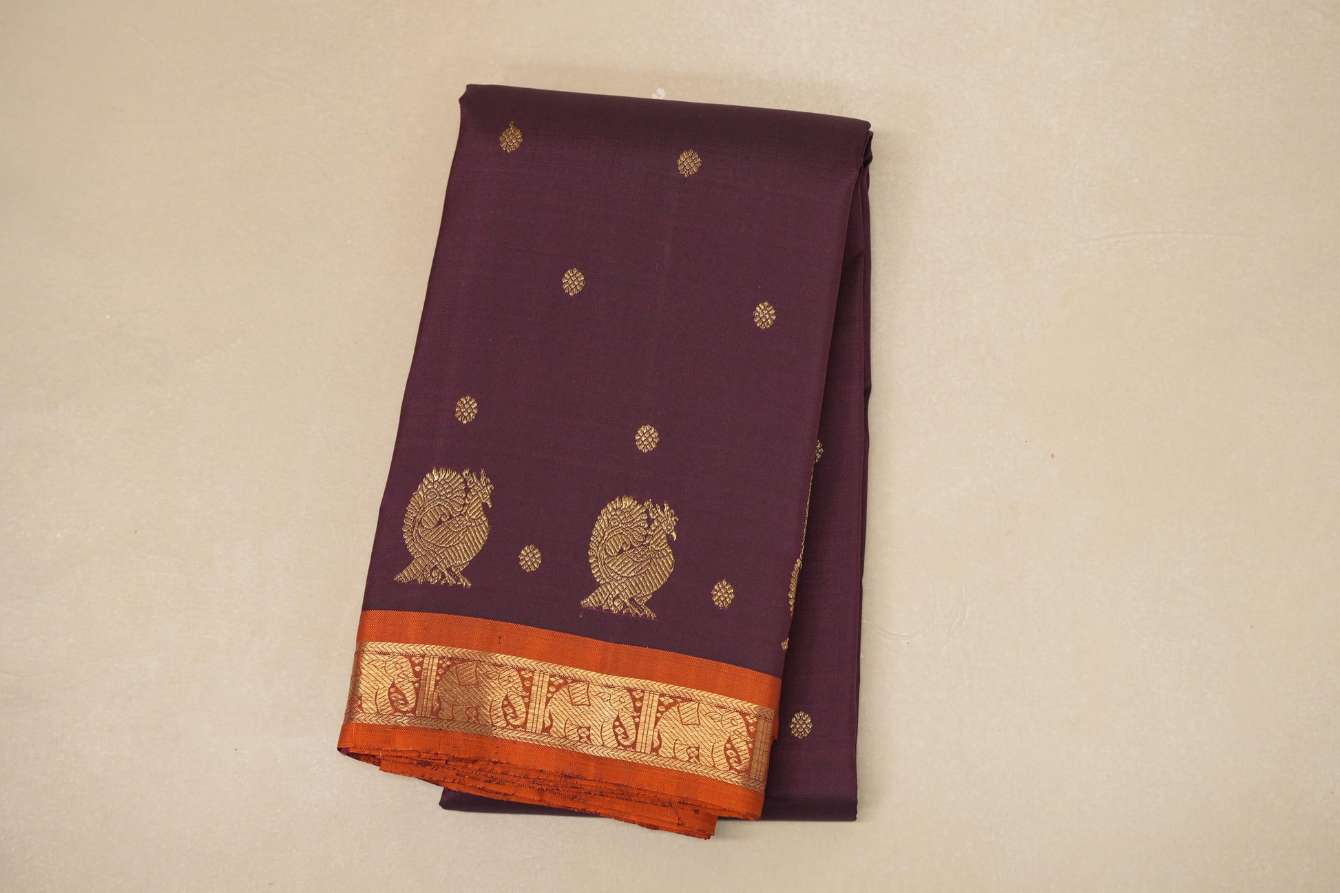 Deep wine with Copper Orange border Heirloom Kanjivaram Silk Saree by Shreenivas Silks PSSR018761 - Parisera