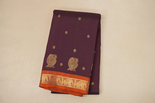 Deep wine with Copper Orange border Heirloom Kanjivaram Silk Saree by Shreenivas Silks PSSR018761 - Parisera