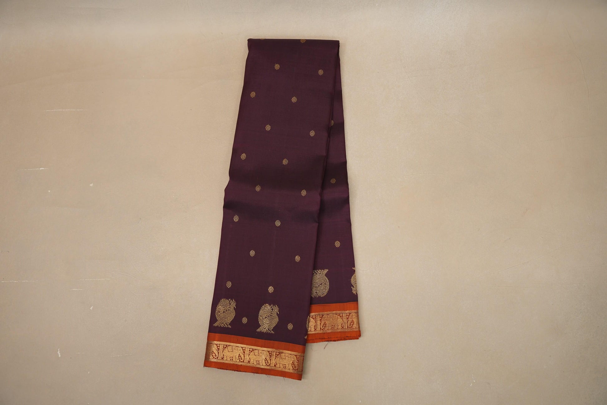 Deep wine with Copper Orange border Heirloom Kanjivaram Silk Saree by Shreenivas Silks PSSR018761 - Parisera