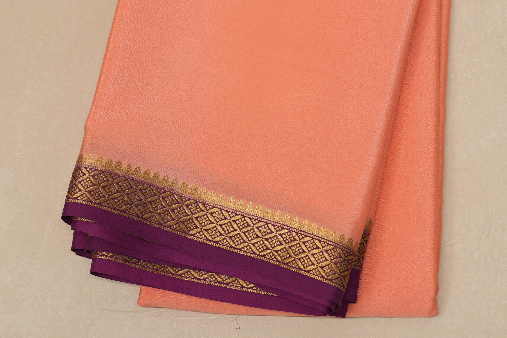 Peach pink with Deep Magenta Borders Mysore Silk Saree border 