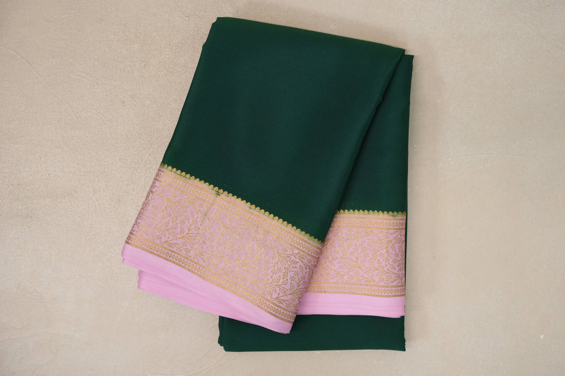 Bottle green with baby pink border Mysore Silk Saree by Shreenivas Silks 
