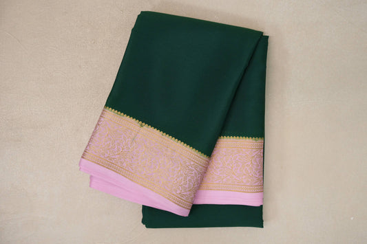 Bottle green with baby pink border Mysore Silk Saree by Shreenivas Silks 
