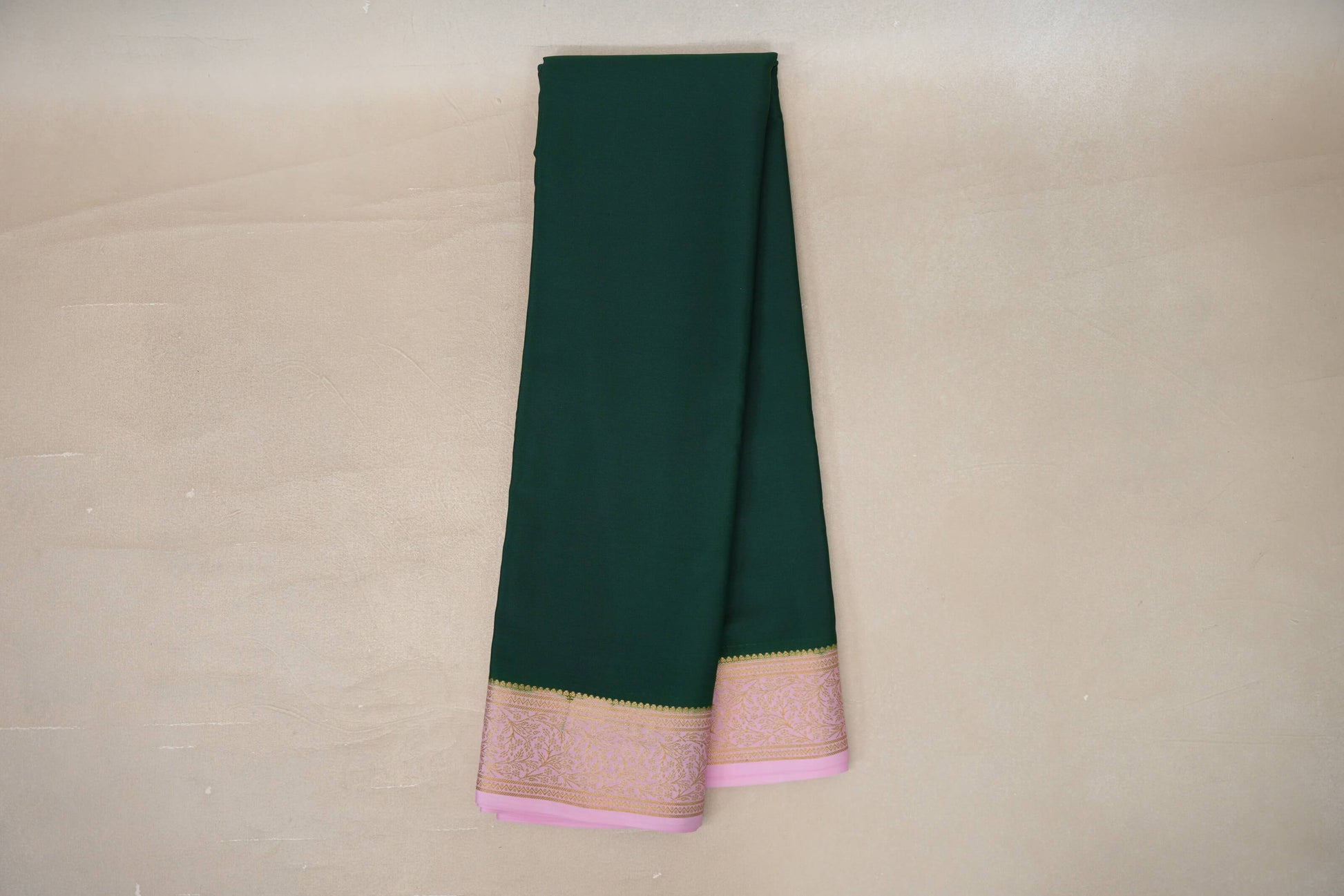 Bottle green with baby pink border Mysore Silk Saree by Shreenivas Silks 