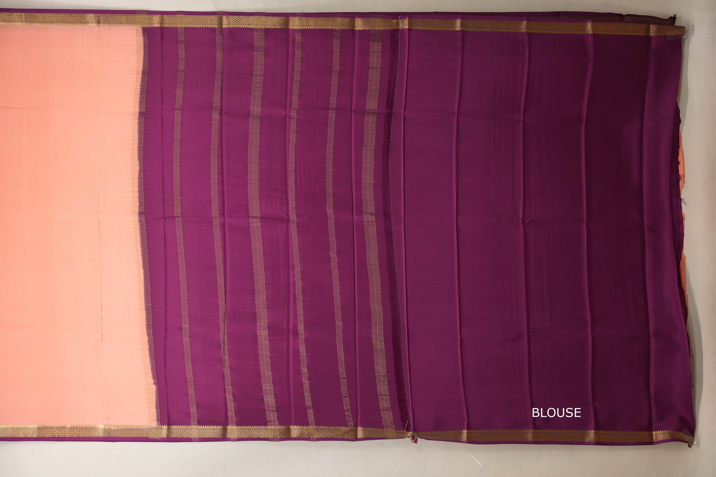 Peach pink with Deep Magenta Borders Mysore Silk Saree blouse